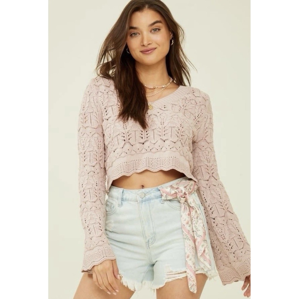 Altard State Cropped Knit Sweater ~ Pink Scalloped Trim Eyelet Pullover Size XS